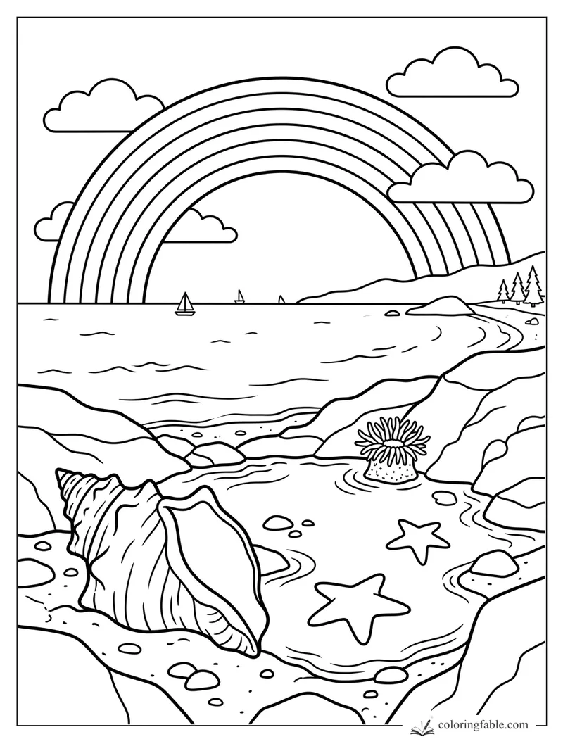 Minimalist rainbow coloring page with tide pools, seashell, starfish, clouds, sailboats, and rocky beach