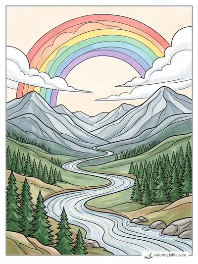 Rainbow Over a Winding Mountain River — colored example
