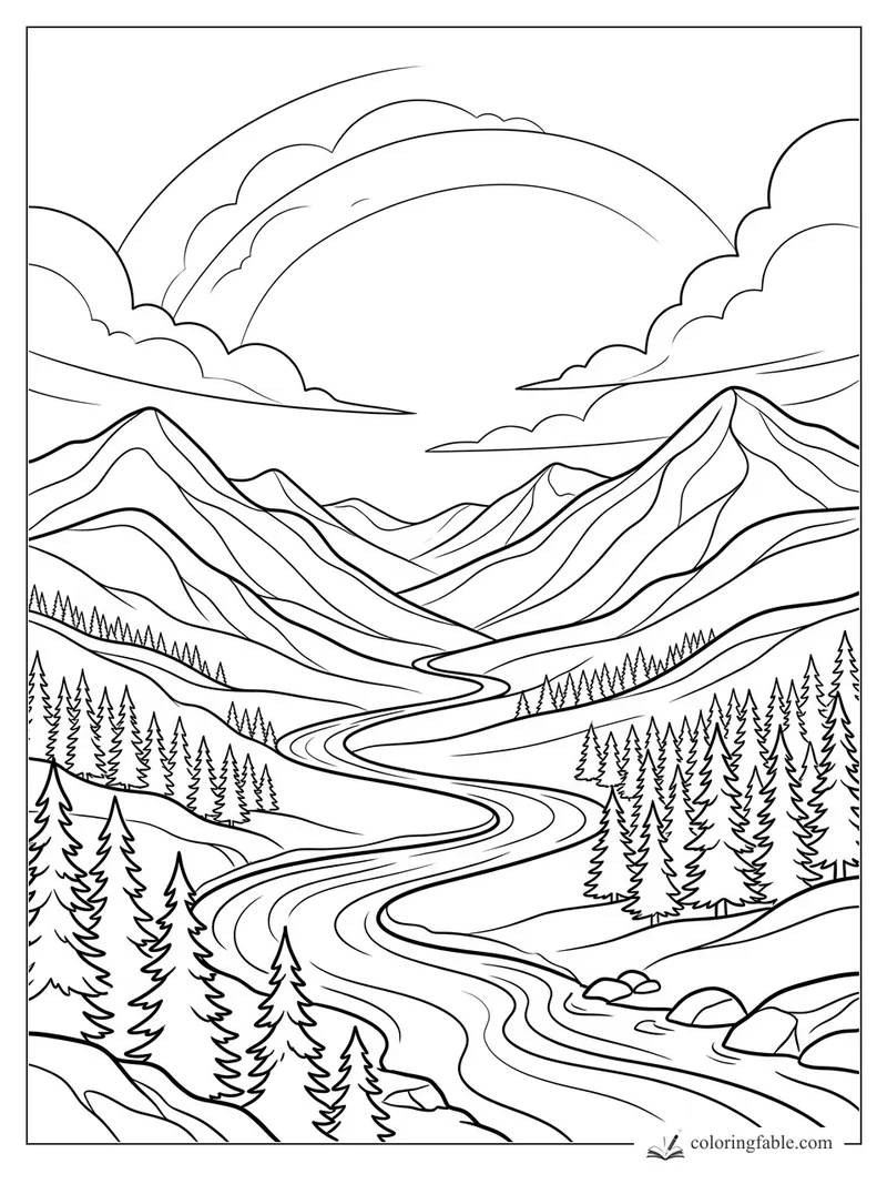 Aesthetic mountain landscape coloring page with winding river, pine forest, peaks, clouds, and rainbow.
