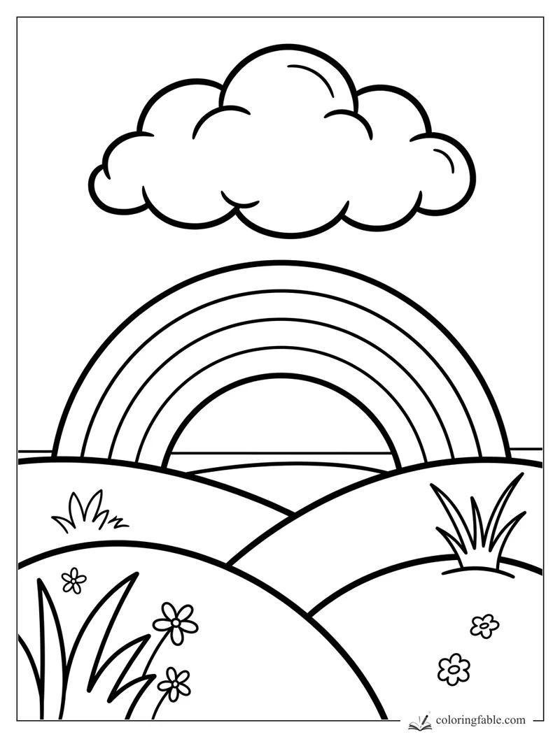 Bold easy rainbow over rolling hills with a fluffy cloud, grass tufts, and small flowers.