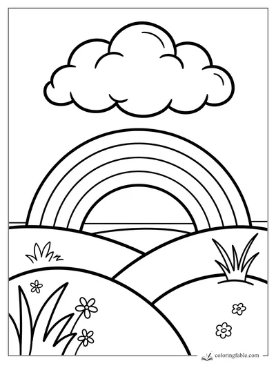 Bold easy rainbow over rolling hills with a fluffy cloud, grass tufts, and small flowers.