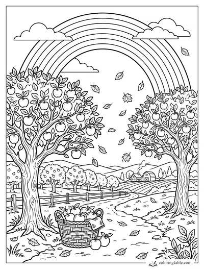 Rainbow over apple trees, falling leaves, basket of apples, fence, and distant farm fields coloring page