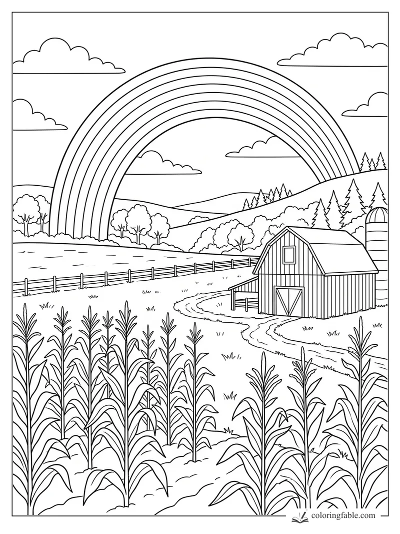 Large rainbow over a cornfield, barn, silo, fence, rolling hills, trees, and clouds coloring page
