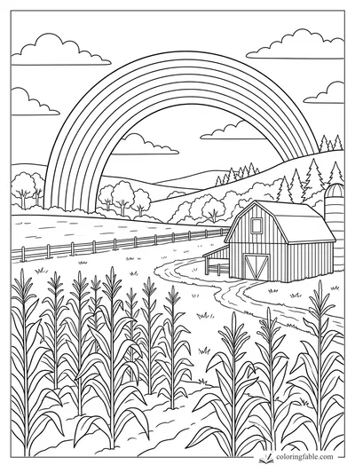 Large rainbow over a cornfield, barn, silo, fence, rolling hills, trees, and clouds coloring page