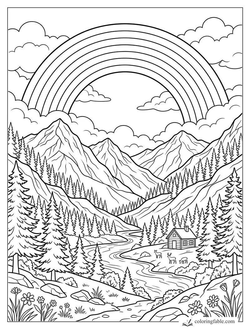 Coloring page of a wide rainbow over snowy mountains, pine forests, a river, cabin, deer, clouds, and wildflowers.