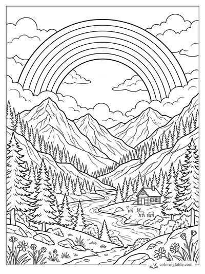 Coloring page of a wide rainbow over snowy mountains, pine forests, a river, cabin, deer, clouds, and wildflowers.