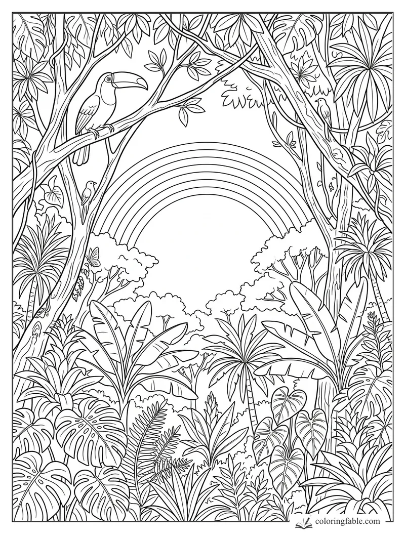 Rainbow arch above dense jungle leaves with a toucan, small birds, butterflies, and twisting tree branches