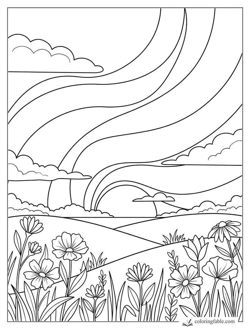 Easy coloring page of rainbow ribbons arching over hills, clouds, grasses, and large wildflowers.
