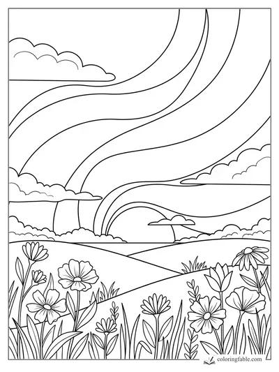 Easy coloring page of rainbow ribbons arching over hills, clouds, grasses, and large wildflowers.