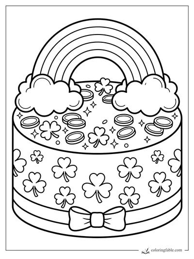 Rainbow cake coloring page with clouds, shamrocks, coins, sparkles, and a bow