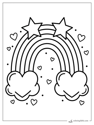 Minimalist rainbow coloring page with two stars, heart-shaped clouds, tiny hearts, and dots.