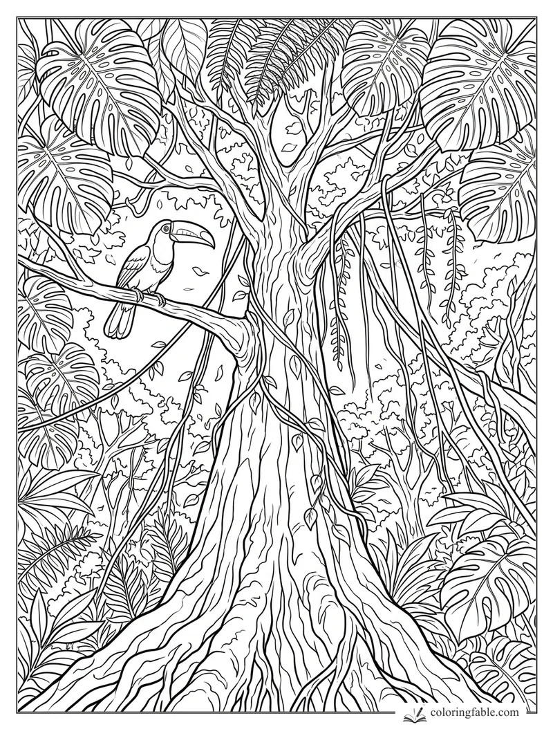 Realistic rainforest tree coloring page with a perched toucan, hanging vines, ferns, and large split leaves.