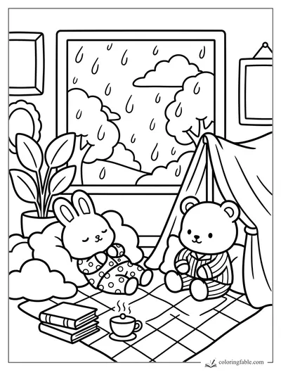Bunny and teddy bear in a blanket fort by a rainy window, books, plant, clouds, and steaming cup.