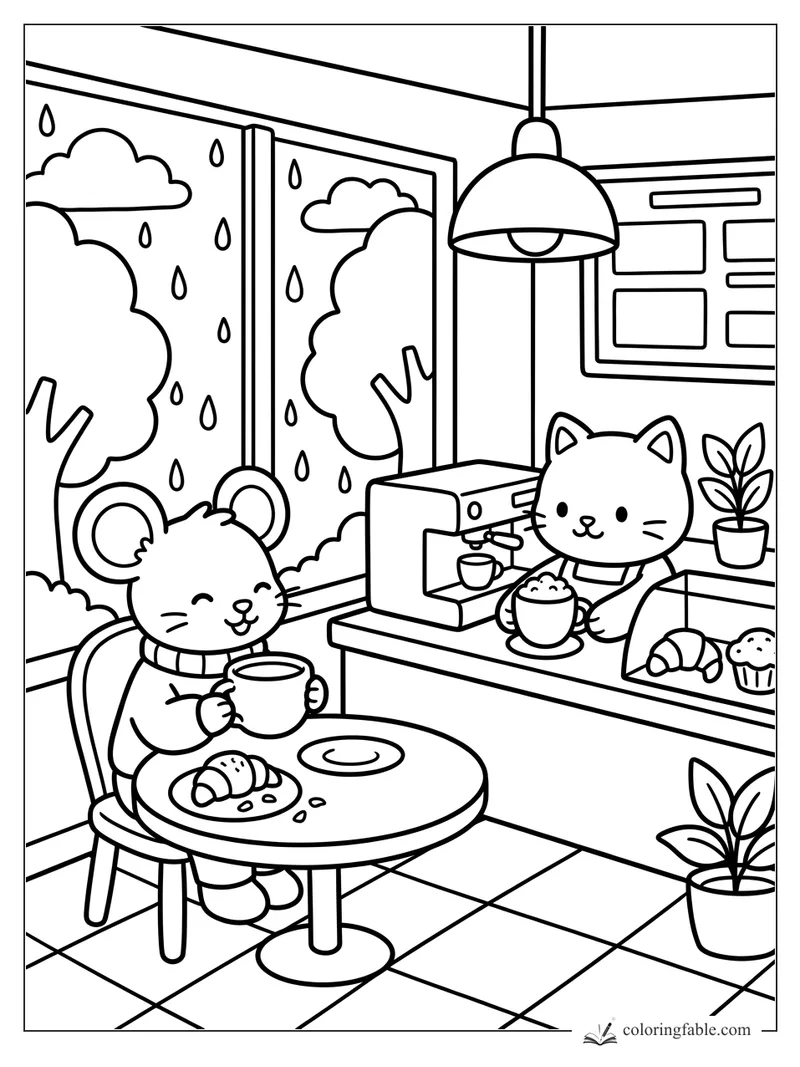 Cozy café coloring page with a mouse holding cocoa, a cat barista, rainy windows, pastries, and plants.