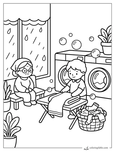 Kids folding laundry in a cozy laundromat while rain falls outside the window.