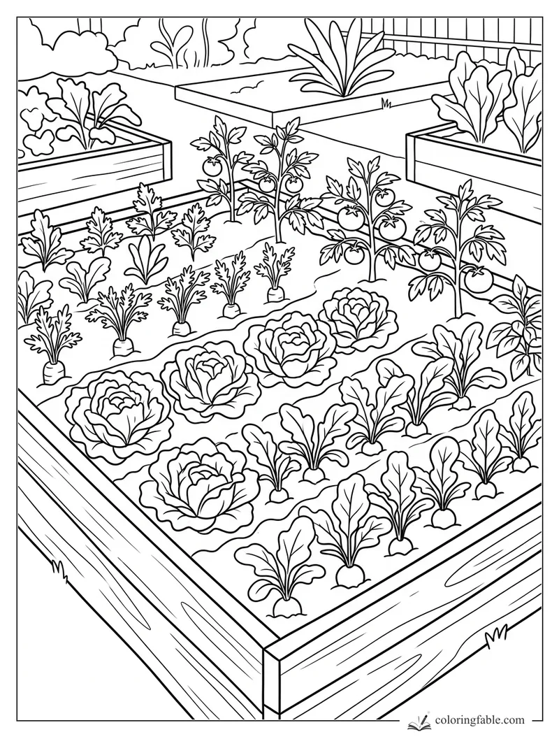 Raised garden bed with cabbages, beets, tomato plants, leafy greens, and wooden planter boxes