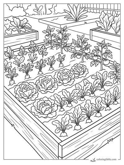 Raised garden bed with cabbages, beets, tomato plants, leafy greens, and wooden planter boxes