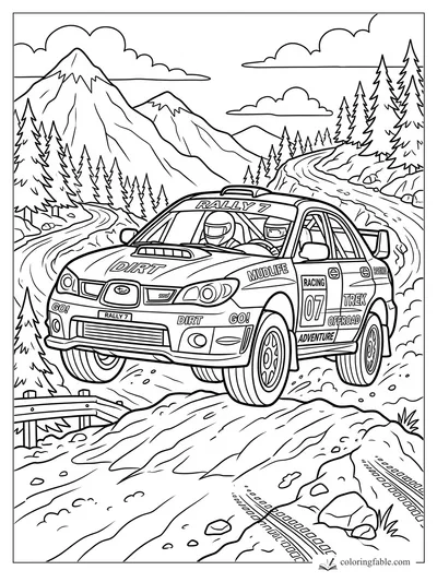 Cartoon Rally 7 off-road race car jumping a rocky mountain trail with pine trees and helmeted drivers.