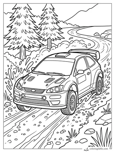 Cartoon rally car driving on a winding dirt road past pine trees, rocks, bushes, and distant hills.