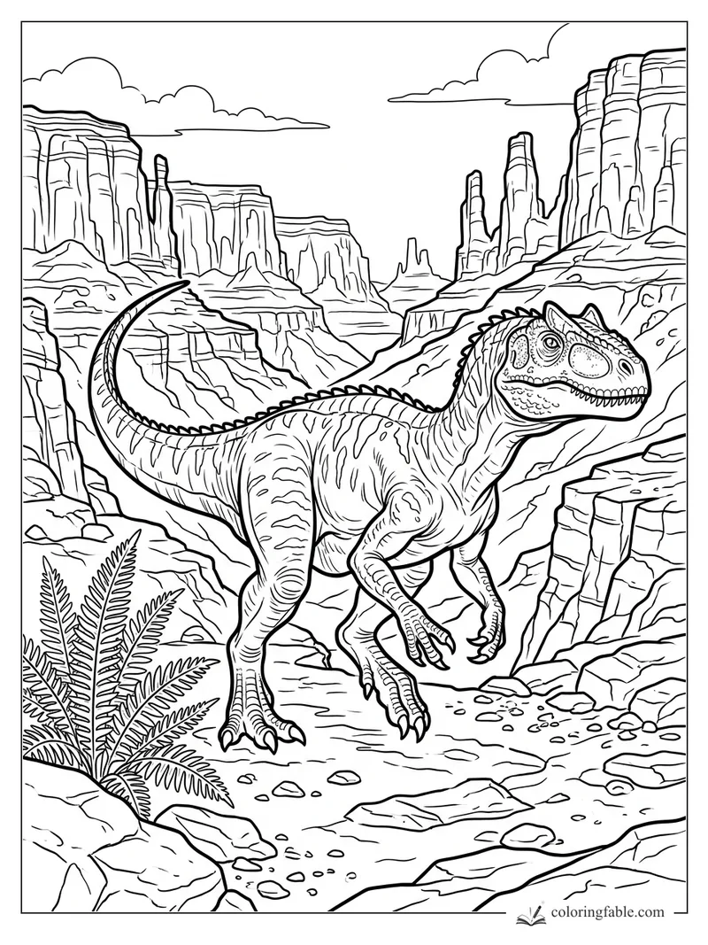 Realistic raptor dinosaur walking through a rocky desert canyon with cliffs, clouds, and a fern.