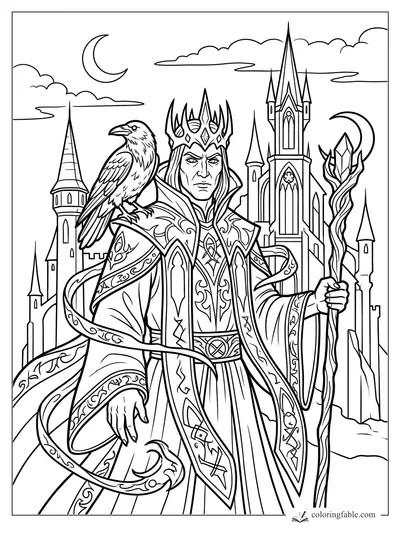 Gothic fantasy sorcerer with raven, crystal staff, crescent moons, and spired castle coloring page