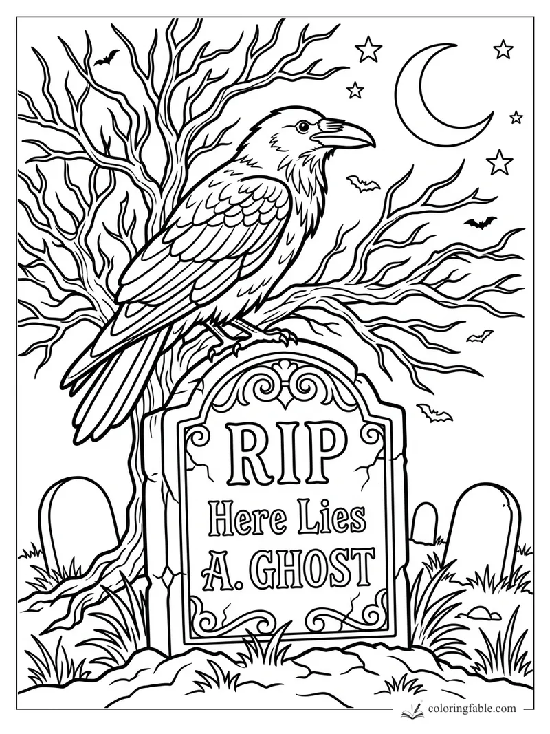Raven perched on an RIP tombstone reading Here Lies A. Ghost under a crescent moon and bare trees
