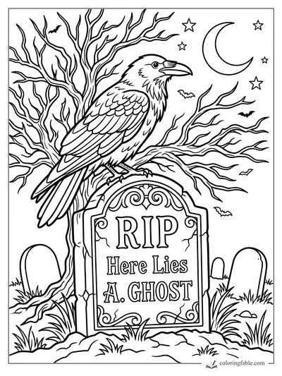 Raven perched on an RIP tombstone reading Here Lies A. Ghost under a crescent moon and bare trees
