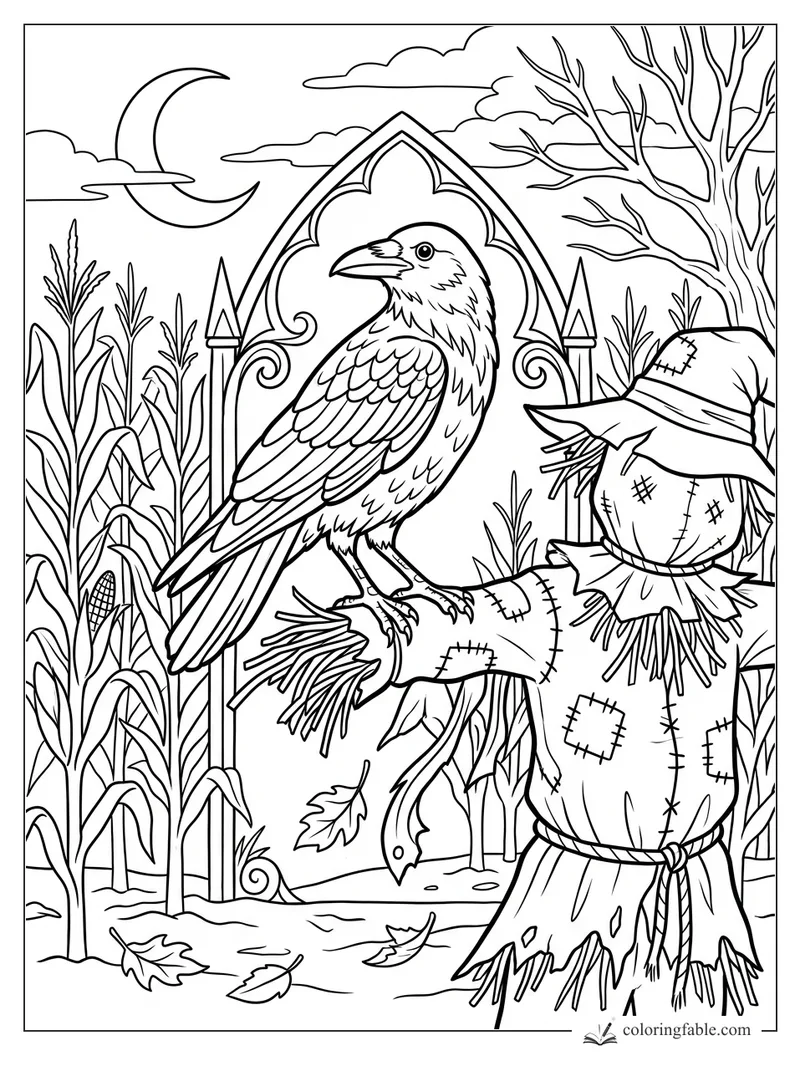 Raven perched on a patched scarecrow arm by corn, a gothic arch, bare tree, and crescent moon
