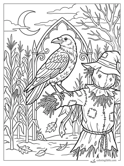 Raven perched on a patched scarecrow arm by corn, a gothic arch, bare tree, and crescent moon