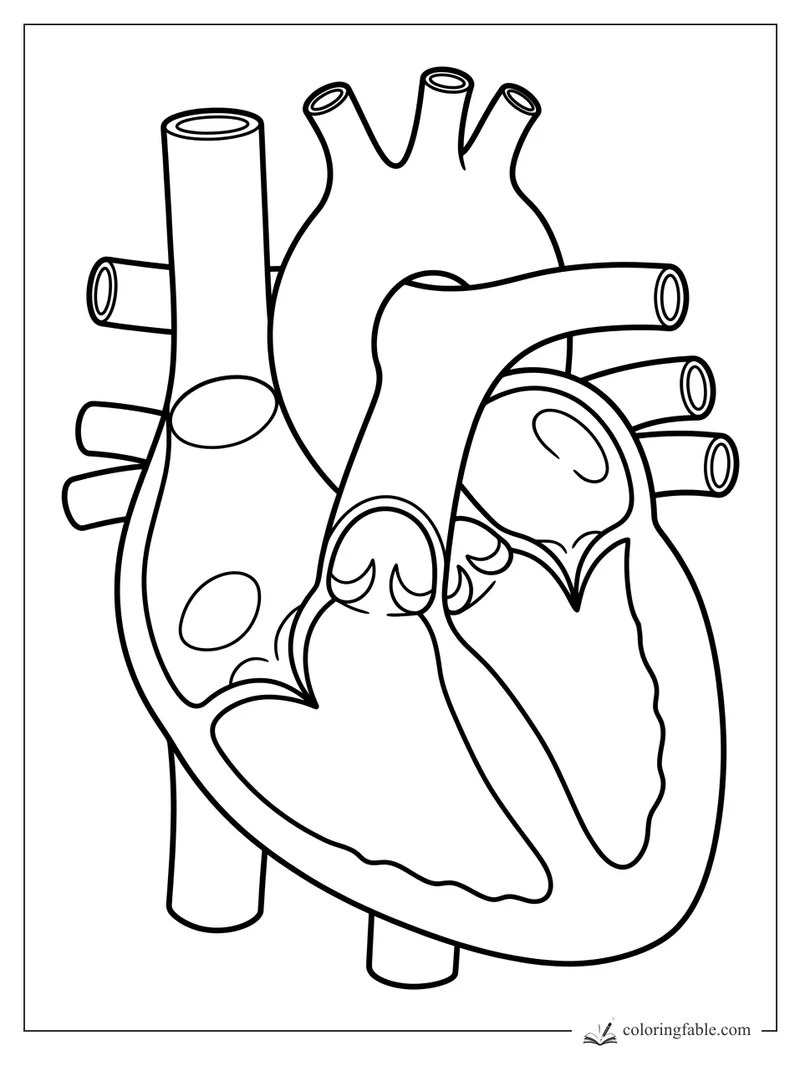 Realistic anatomical heart coloring page with chambers, valves, arteries, and large blood vessels.