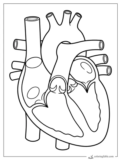 Realistic anatomical heart coloring page with chambers, valves, arteries, and large blood vessels.