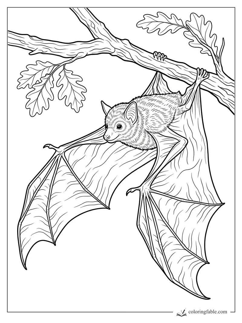 Realistic bat hanging from an oak branch with spread wings and lobed leaves