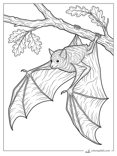 Realistic bat hanging from an oak branch with spread wings and lobed leaves