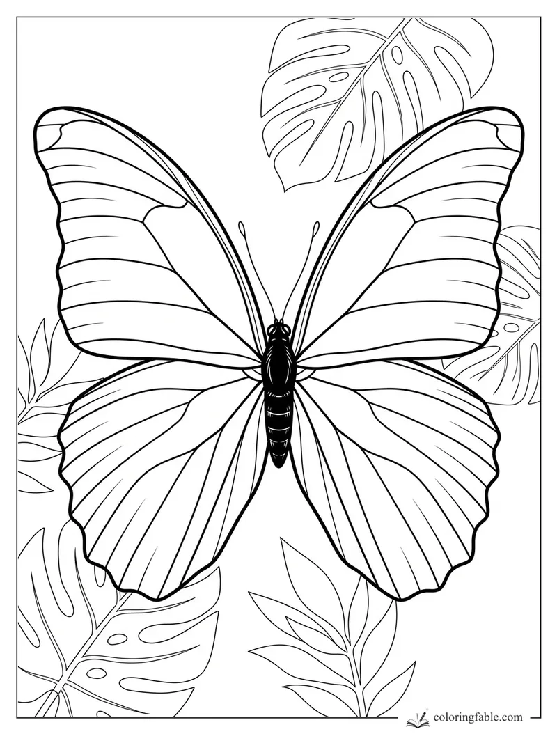 Realistic butterfly with open veined wings surrounded by monstera and leafy tropical plants