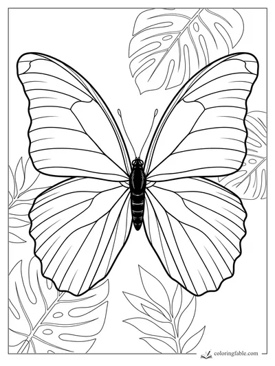 Realistic butterfly with open veined wings surrounded by monstera and leafy tropical plants