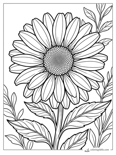 Realistic daisy coloring page with layered petals, detailed center, and veined leaves