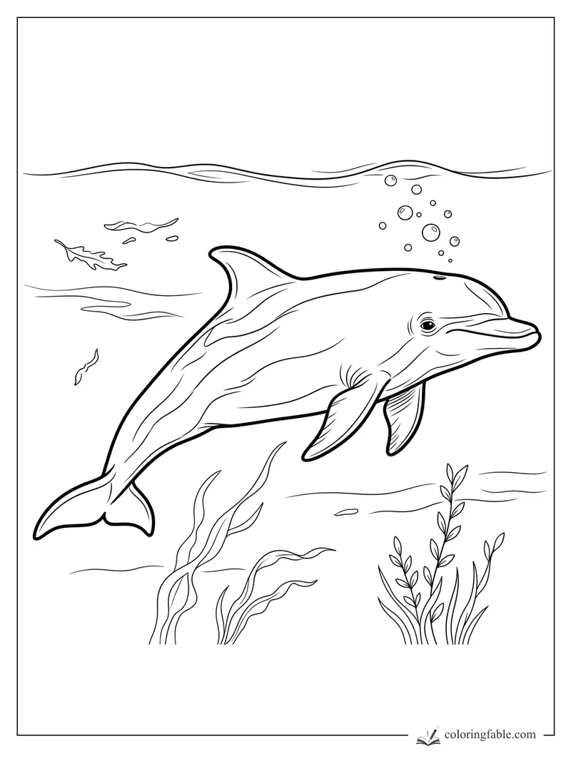 Realistic dolphin swimming underwater with bubbles, sea grass, floating leaves, and wavy surface lines