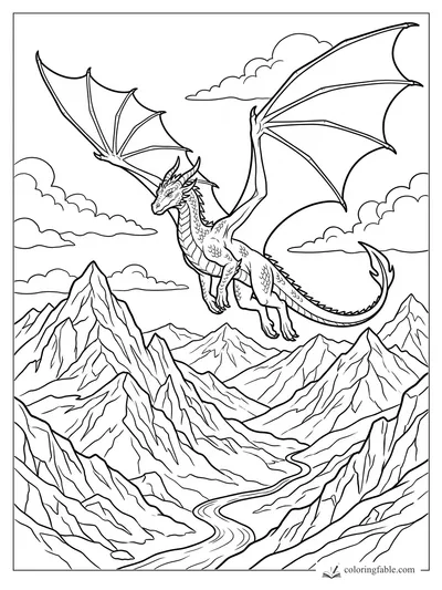 Realistic dragon flying above sharp mountain peaks, winding river, and clouds coloring page