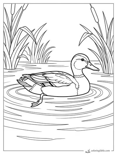 Realistic duck swimming in pond ripples between tall cattails and reeds