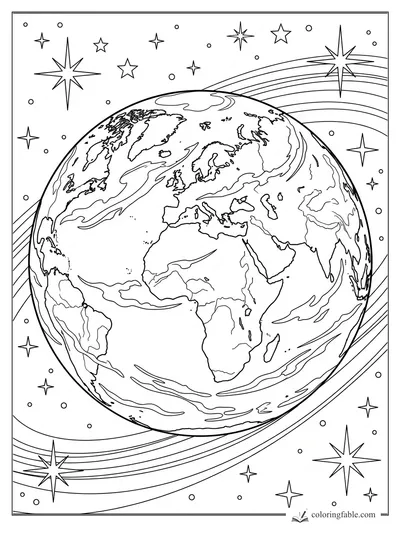 Realistic Earth coloring page with Europe, Africa, Asia, stars, and sweeping orbit lines