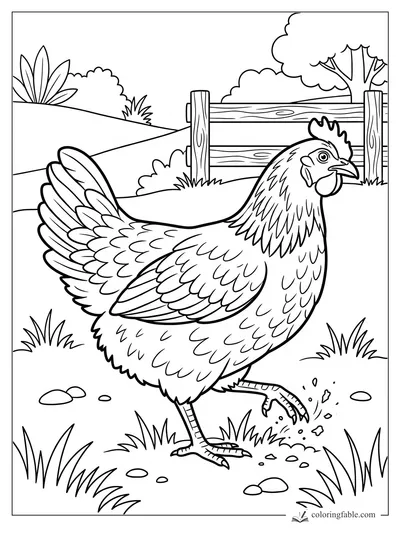 Realistic hen scratching dirt near grass tufts, stones, hills, and a wooden fence