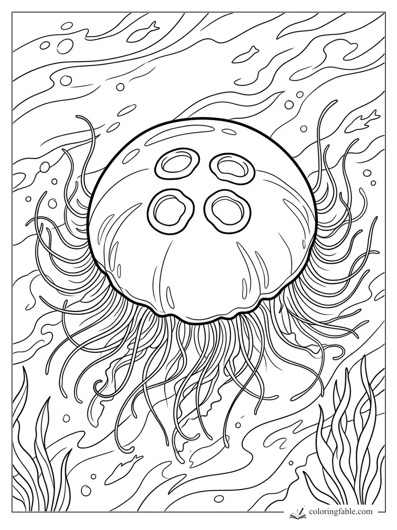 Realistic jellyfish with long tentacles, four ring markings, bubbles, fish shapes, and waving seaweed