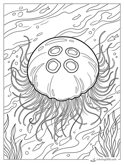 Realistic jellyfish with long tentacles, four ring markings, bubbles, fish shapes, and waving seaweed