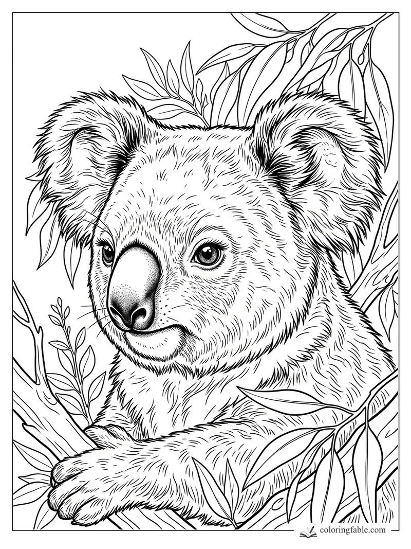Realistic koala face with fluffy ears, paw on branch, and eucalyptus leaves to color