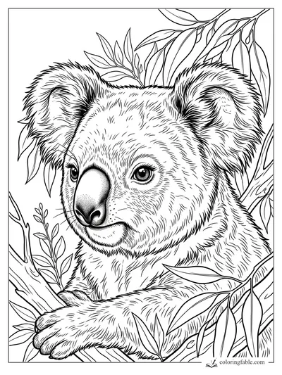 Realistic koala face with fluffy ears, paw on branch, and eucalyptus leaves to color