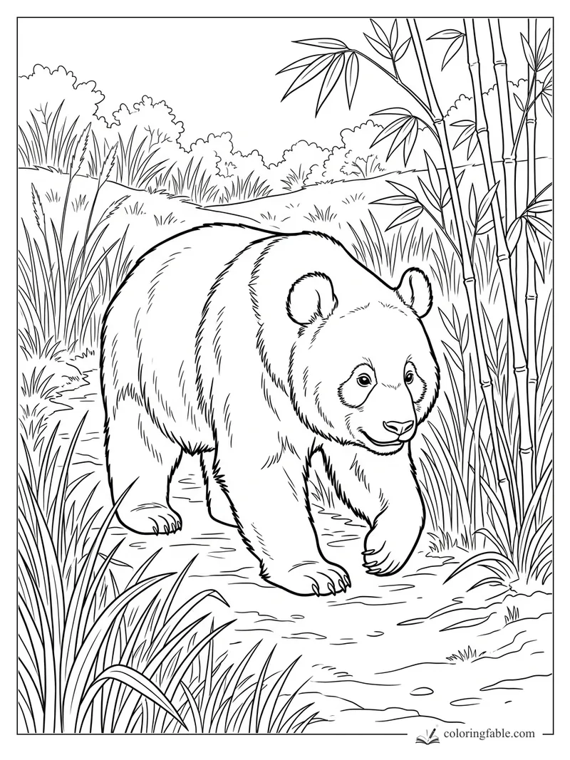 Realistic panda walking on a path beside bamboo stalks, grasses, and leafy shrubs
