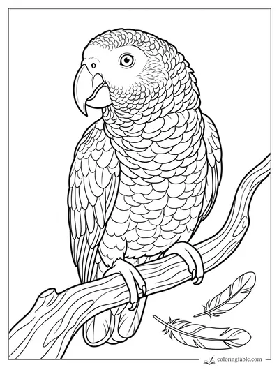 Realistic parrot coloring page with detailed feathers, curved beak, branch, and two fallen feathers
