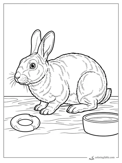 Realistic rabbit with upright ears beside a chewed ring toy and water bowl on a wood floor