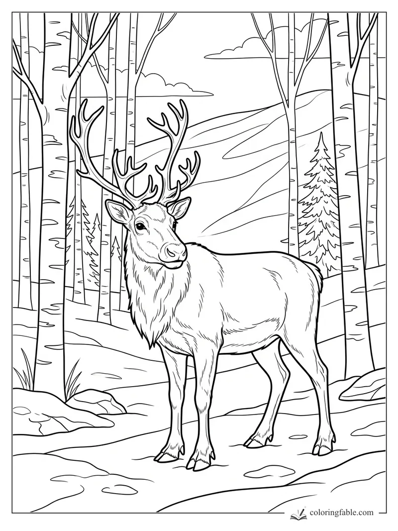 Realistic reindeer with large antlers standing in a snowy birch forest with hills and fir trees