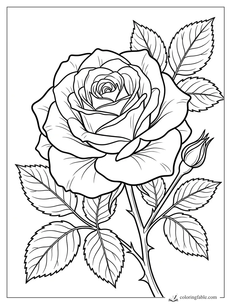 Realistic rose coloring page with layered petals, a side bud, thorny stem, and serrated leaves.